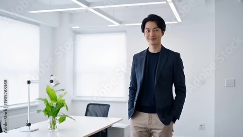 Wallpaper Mural 自然光が差し込むミニマルなオフィスで、落ち着いた表情の日本人男性を描写。
ニュートラルカラーの空間と整った身だしなみが、信頼感のあるビジネスシーンを表現。
控えめな春の植物が、新年度や再出発のイメージを象徴。 Torontodigital.ca