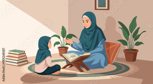 Mother teaching daughter Quran at home, Islamic education, family bonding, cultural heritage