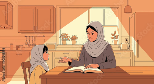 Muslim mother and daughter reading together in a sunlit kitchen