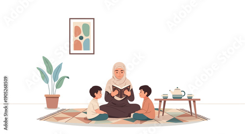Muslim Mother Reading Quran to Children, Islamic Family Lifestyle