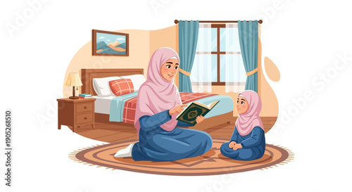 Muslim mother and daughter reading Quran in bedroom, Islamic family lifestyle