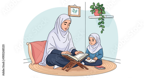 Muslim mother and daughter reading Quran together, Islamic education, family bonding