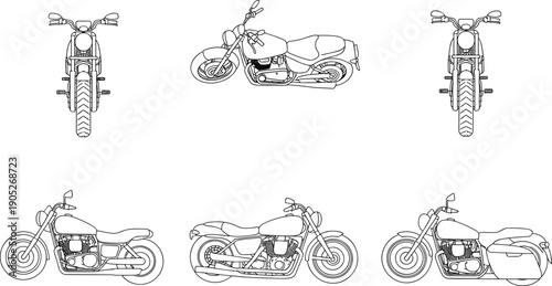 Motorcycle line art illustration set, classic cruiser bike outlines from multiple angles, detailed black and white vector design collection