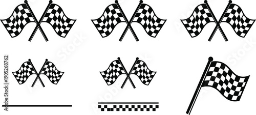Checkered racing flags vector illustration, black and white symbols, motorsport finish line icons, competition concept, speed theme, silhouette design elements