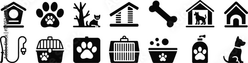 Pet care silhouette icon set with dog house paw leash bowl bone carrier, animal shelter veterinary black vector illustration