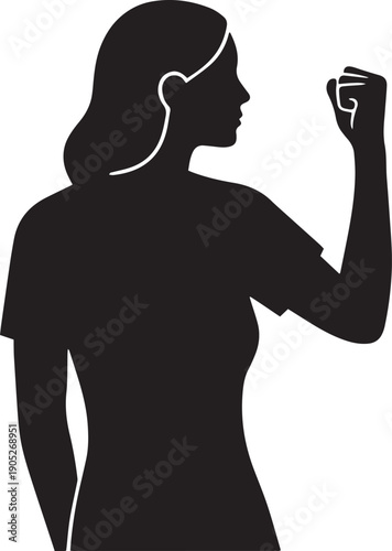 Simple black silhouette icon of a strong woman raising her fist, symbolizing female empowerment, human rights protest, feminist strength, and successful victory.