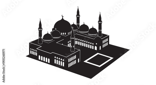 Mosque architecture silhouette with domes and minarets in modern flat design