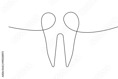 A clean and minimalist continuous one line drawing of a molar tooth, representing dental health and modern dentistry in a simple vector art style.