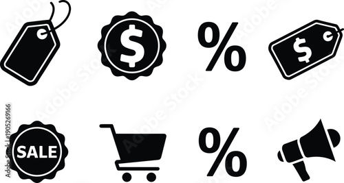 Sale and discount icon set with price tags percent symbols shopping cart marketing promotion silhouette vector illustration isolated