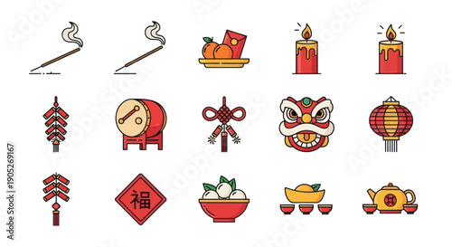 Chinese New Year Icons Set: Lanterns, Drums, Firecrackers, Lion Dance, Red Envelopes