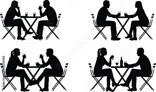 Couple silhouette sitting at table, romantic interaction, café moment, drink sharing, social gesture, vector sketch, flat cad drawing illustration
