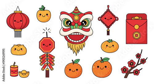 Cute Chinese New Year Icons: Lantern, Lion Dance, Mandarin Oranges, Firecrackers