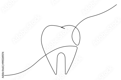 A clean and minimalist continuous one line drawing of a molar tooth, representing dental health and modern dentistry in a simple vector art style.