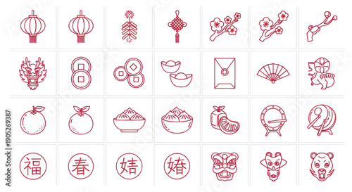 Chinese New Year Icons: Red Line Art Collection of Festive Symbols