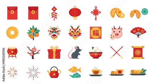 Chinese New Year Icons: Festive Symbols for Celebration and Luck
