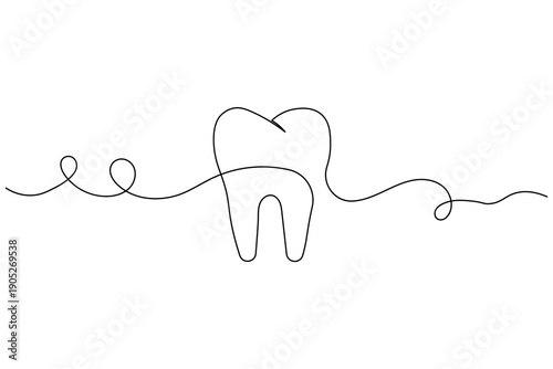 A clean and minimalist continuous one line drawing of a molar tooth, representing dental health and modern dentistry in a simple vector art style.
