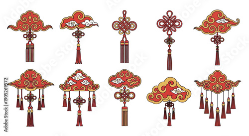 Chinese New Year Decorations: Red Clouds and Knots with Tassels