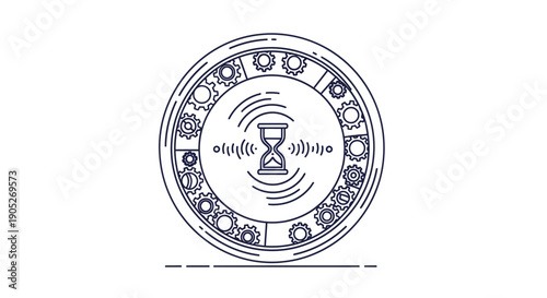 Time-based mechanical signal processing concept with an hourglass icon surrounded by intricate