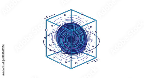 Abstract digital cube with swirling data vortex representing complex technology and future