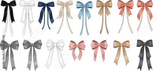 Decorative ribbon bows collection, assorted styles and colors, gift wrap elements, fashion accessories, vector illustration for design and crafting
