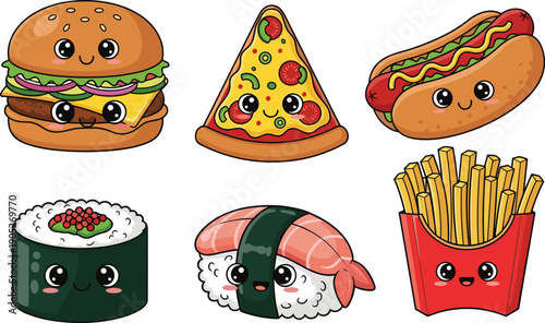 Cute kawaii fast food characters illustration, burger pizza hot dog sushi fries, flat vector design for stickers and kids branding