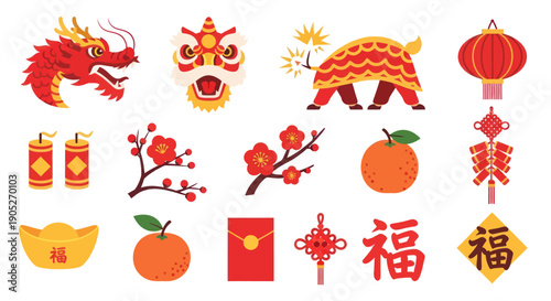 Chinese New Year Icons: Dragon, Lion Dance, Lanterns, Firecrackers, Oranges, Fu Symbol