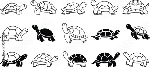Turtle and tortoise illustration set showing cute cartoon reptiles in multiple poses outline silhouette vector drawing isolated
