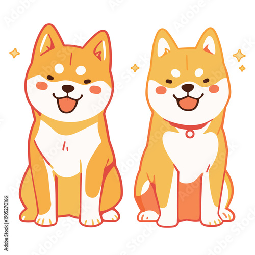 Two cartoon shiba inu dogs sit next to each other with smiling faces. Their warm colors and cute features bring joy and fun.
