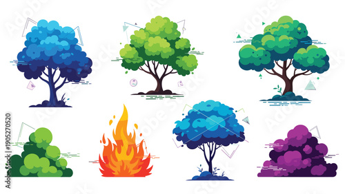 Nature elements set in pixel art style featuring various trees, bushes, fire, and clouds for game design and outdoor environment creation.