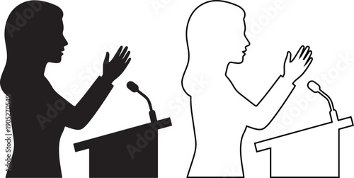 Vector illustration set of a female public speaker at a podium icon in black silhouette and outline styles, representing business presentation, political debate, and leadership conference.