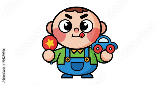 Cute cartoon boy with toy car and maraca