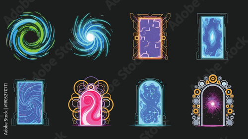 Futuristic sci-fi portal designs in various shapes and vibrant colors like blue, purple, and green for game and technology concepts.