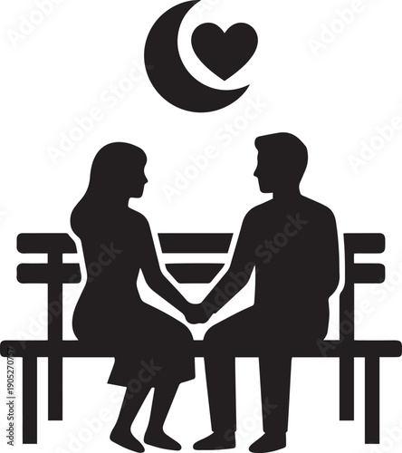 Simple black silhouette icon of a romantic couple sitting on a park bench holding hands under a crescent moon with a heart, symbolizing love, dating, and Valentine's Day.