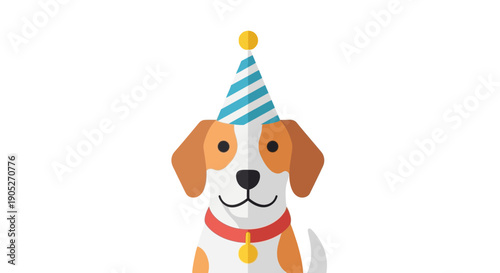 Smiling dog wearing party hat and collar