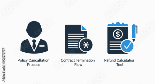 Finance and Legal Icons: Policy Cancellation, Contract Termination, Refund Calculation - Business Process Visuals