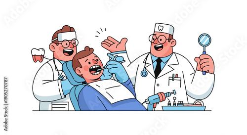 Dentist examining patient with dental tools and assistant