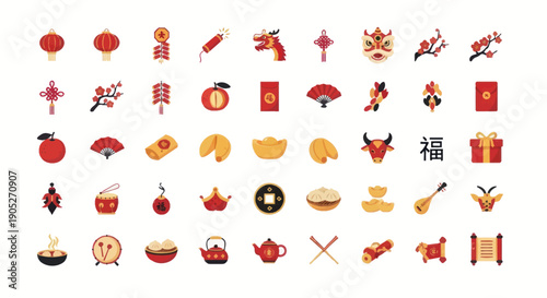 Chinese New Year Flat Icons Collection: Dragon, Lanterns, Fu Character, Gifts & Fortune Cookies