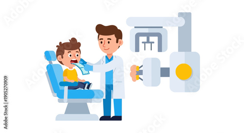Dentist examining child's teeth with dental tools and X-ray machine
