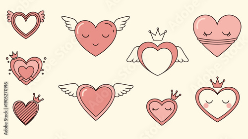 Adorable stylized hearts featuring cute wings, crowns, and sleeping faces for romantic and whimsical decorative design projects on white.