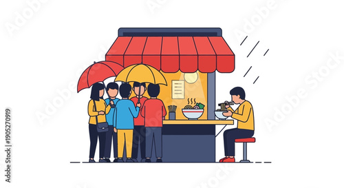 People eating at outdoor food stall with umbrellas