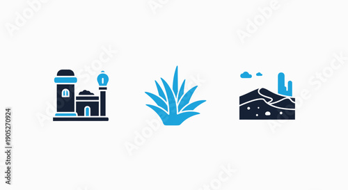 Icons depicting a desert castle, a succulent plant, and desert dunes with a mesa, representing arid landscapes and architecture.