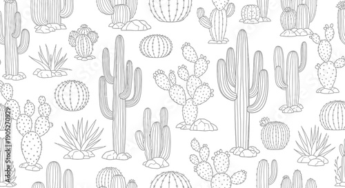 Cactus seamless pattern, black and white line art cacti succulent desert plants
