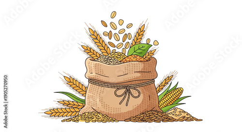 Harvest bounty with wheat corn and seeds