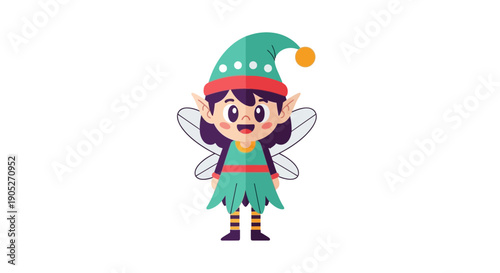 Cartoon fairy in elf hat and wings smiling happily
