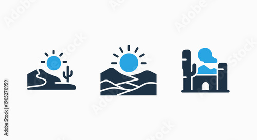 Desert landscape icons: sand dunes with a cactus and sun, rolling hills under the sun, and a rocky outcrop with a mesa, representing arid environments.