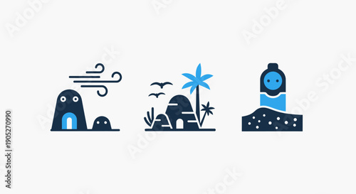 Stylized icons of desert landscape, caves, palm trees, and a lighthouse, evoking adventure and travel