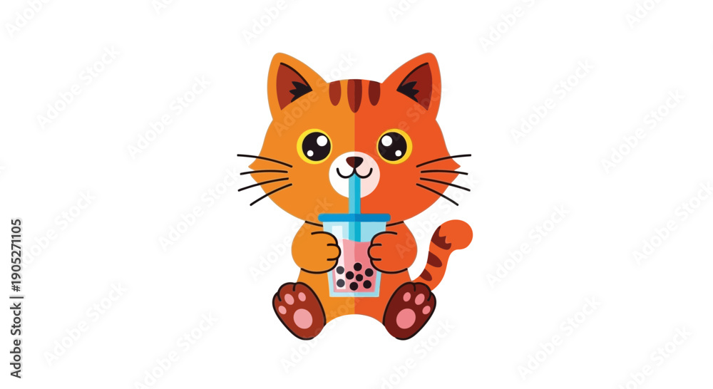 Obraz premium Cute orange cat drinking bubble tea