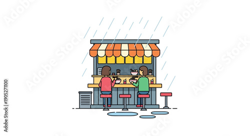 People eating at food truck on rainy day