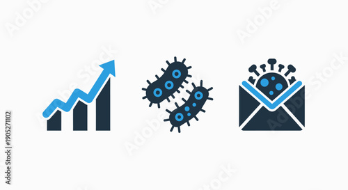 Icons representing growth chart, bacteria, and virus in an envelope, symbolizing economic trends, public health, and disease spread. Vector art.