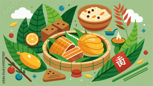 Happy Dragon Boat Festival Poster Design Featuring Sticky Rice Dumpling (Zongzi) Ingredients and Seawave Background.eps